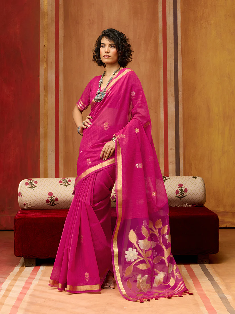 Monjolika Fashion Rani Pink Silk Blend woven Work Saree - Image 2