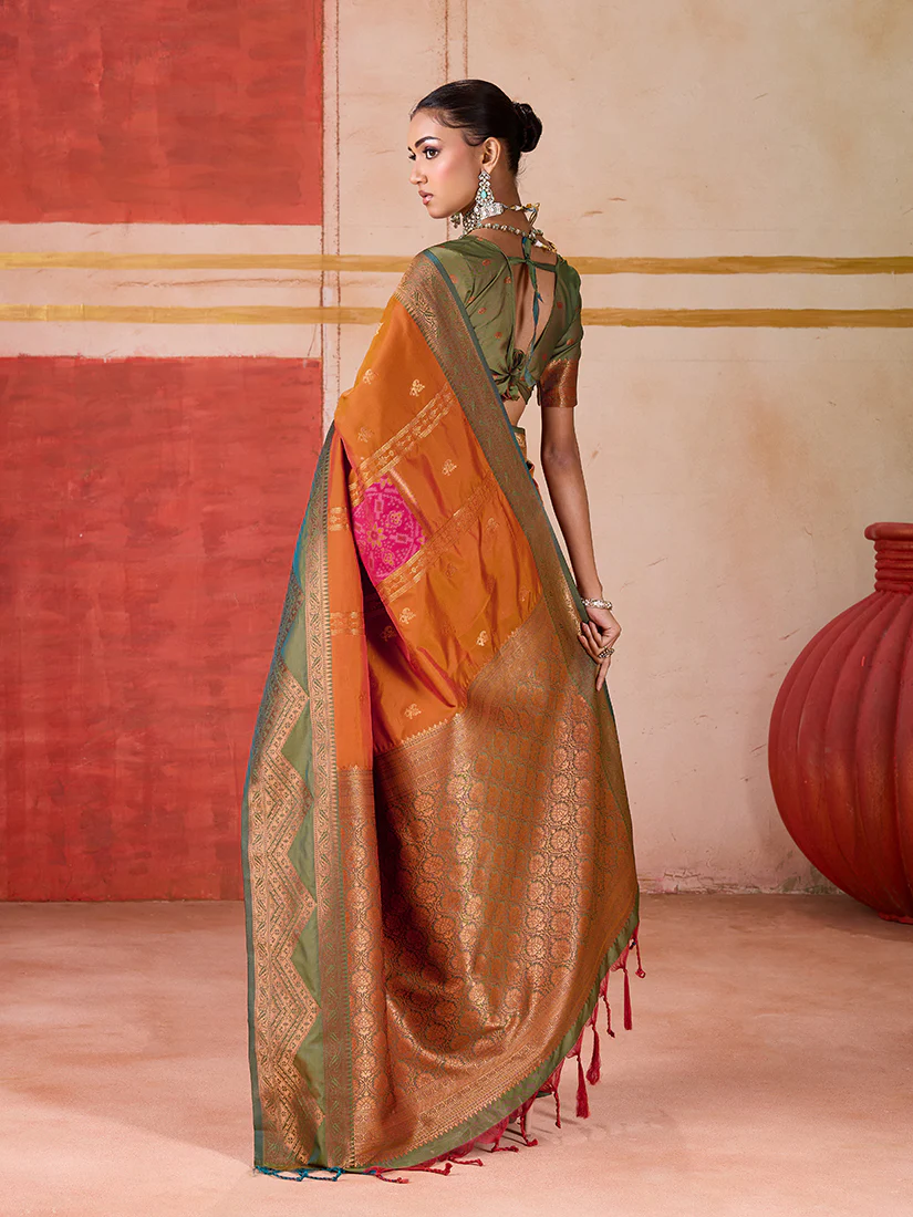 Monjolika Fashion Silk Blend woven Work Orange Saree - Image 3