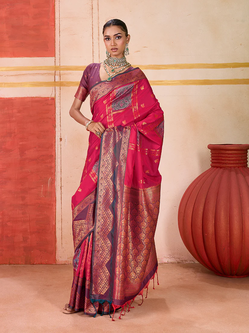 Monjolika Fashion Silk Blend woven Work Rani Pink Saree