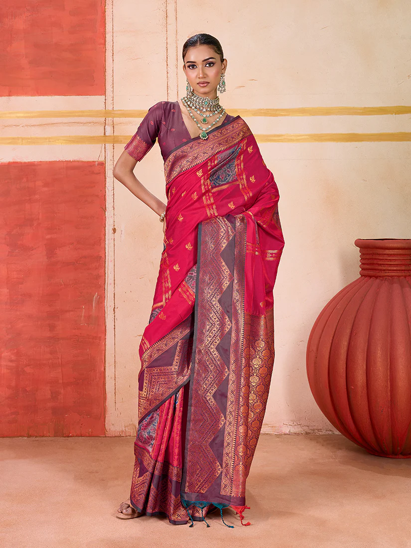 Monjolika Fashion Silk Blend woven Work Rani Pink Saree - Image 2
