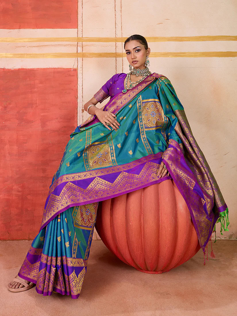 Monjolika Fashion Silk Blend woven Work Teal Saree - Image 2