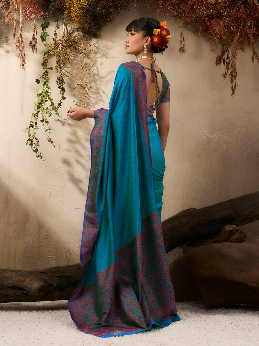 Monjolika Fashion Teal Blue woven Kanjivaram Silk Blend Saree - Image 3