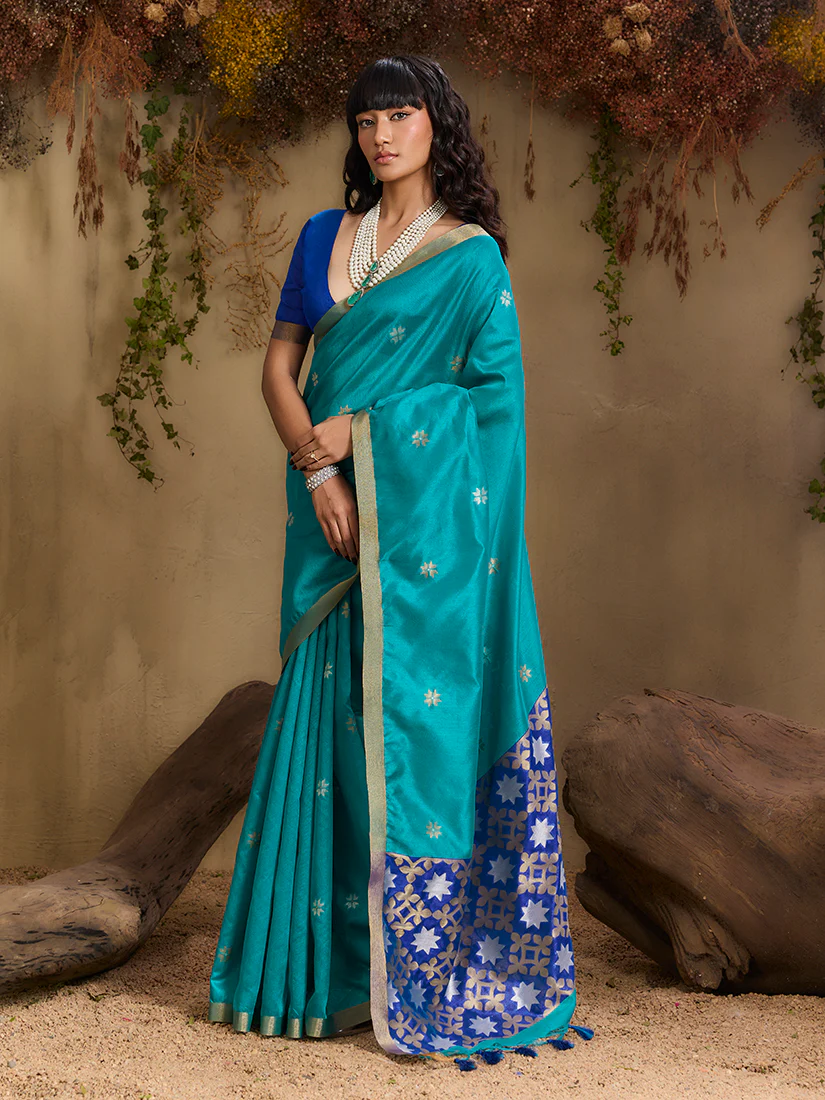 Monjolika Fashion Tussar Silk Blend woven Work Saree in Aqua Blue - Image 2