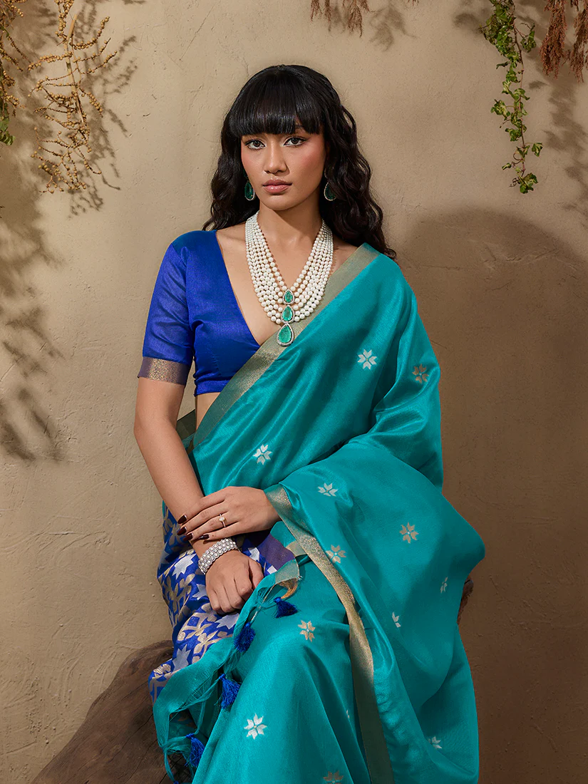 Monjolika Fashion Tussar Silk Blend woven Work Saree in Aqua Blue - Image 4
