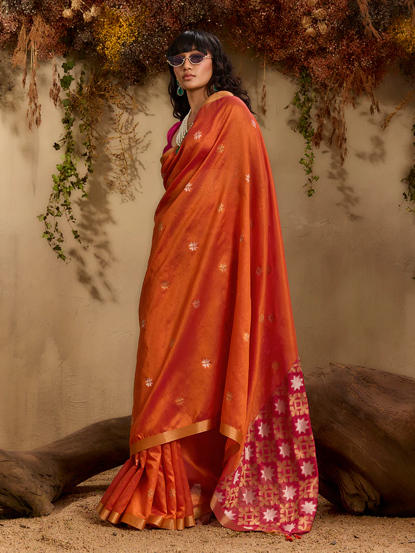 Monjolika Fashion Tussar Silk Blend woven Work Saree in Orange - Image 2