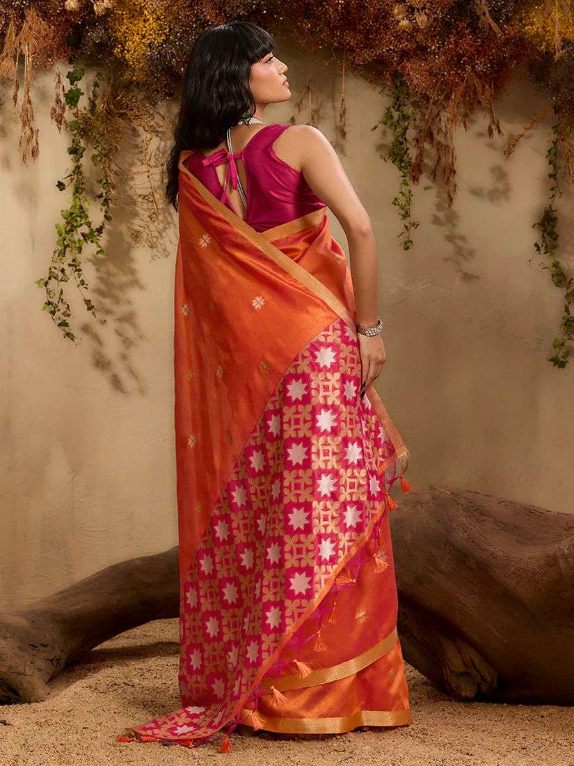 Monjolika Fashion Tussar Silk Blend woven Work Saree in Orange - Image 3