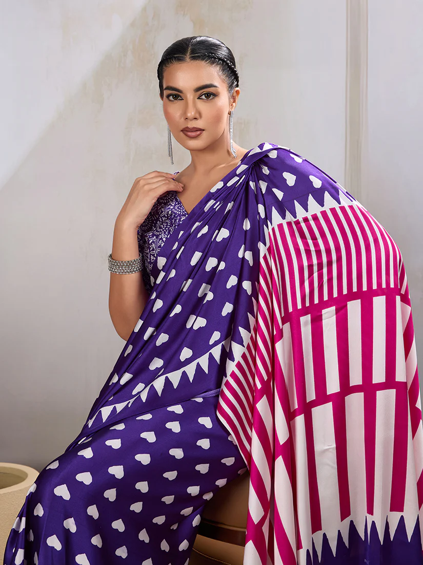 Monjolika Fashion Violet Printed Satin Saree - Image 3