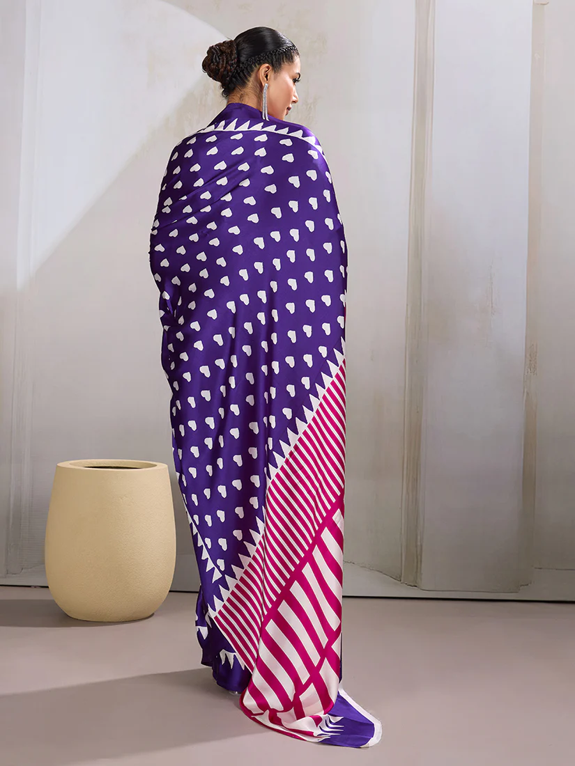Monjolika Fashion Violet Printed Satin Saree - Image 4