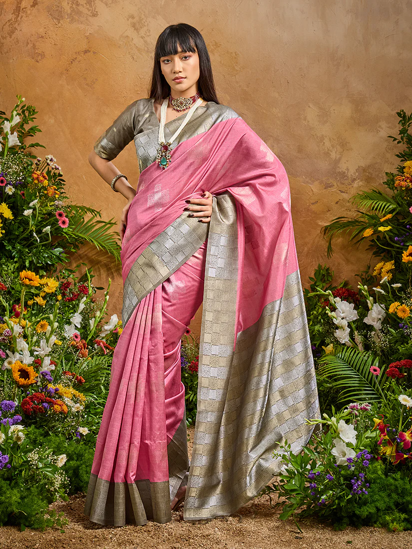 Monjolika Fashion Woven Work Silk Blend Pink Saree
