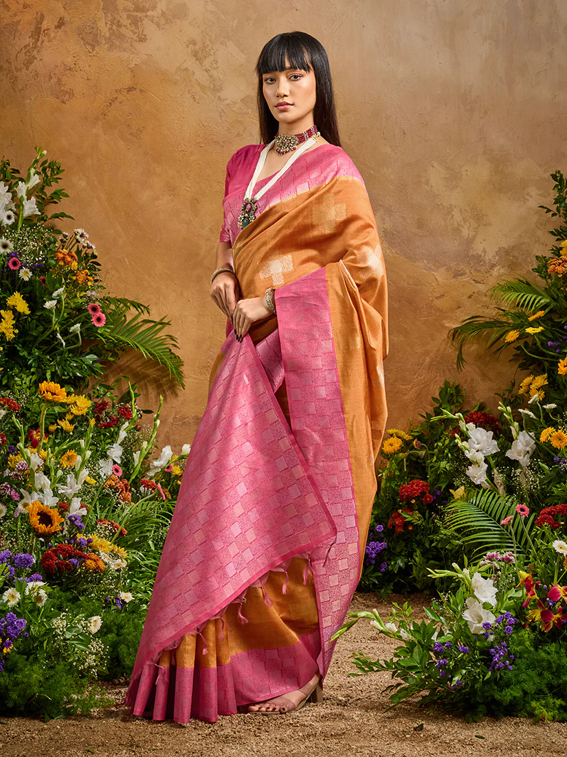 Monjolika Fashion Woven Work Silk Blend Rust Saree - Image 2