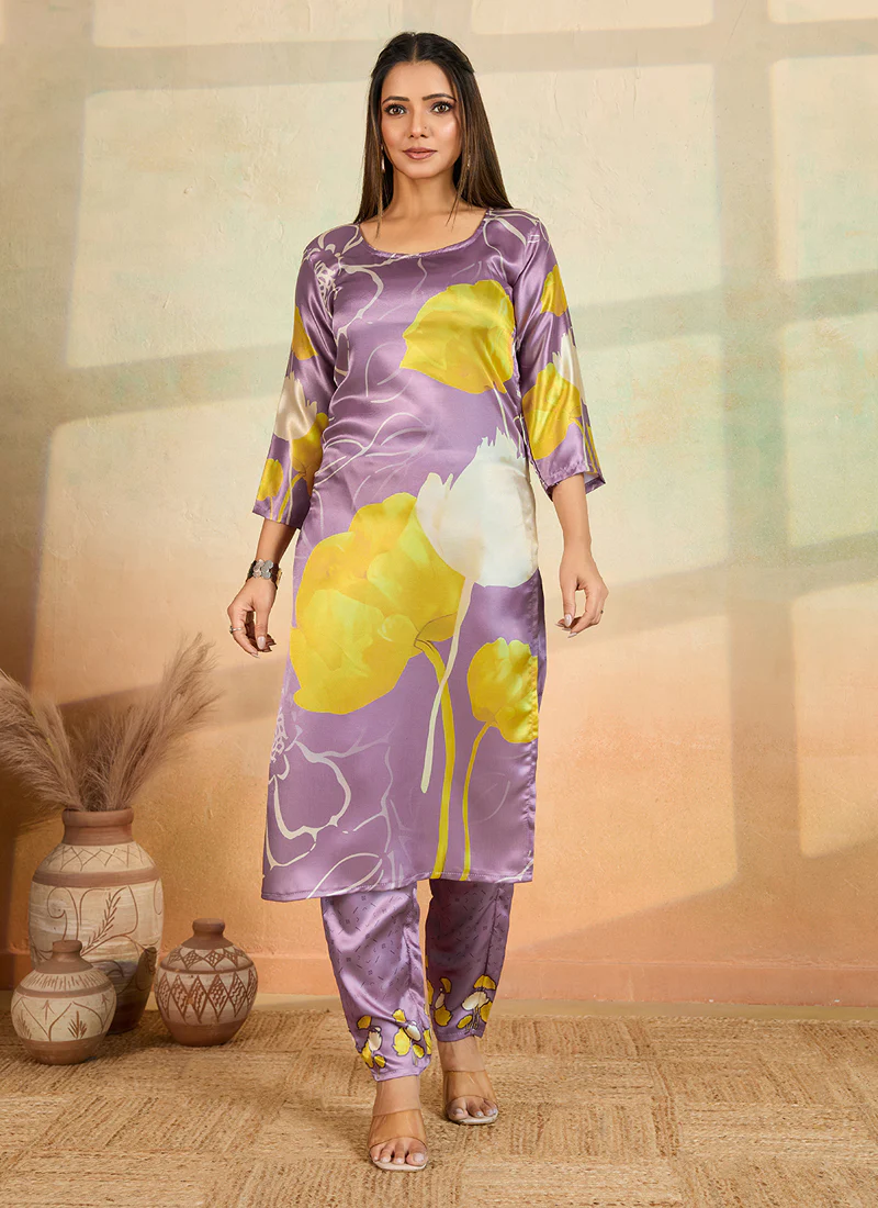 Prazu Fashion Light Lavender Printed Cotton Reyon Kurta Pant Set