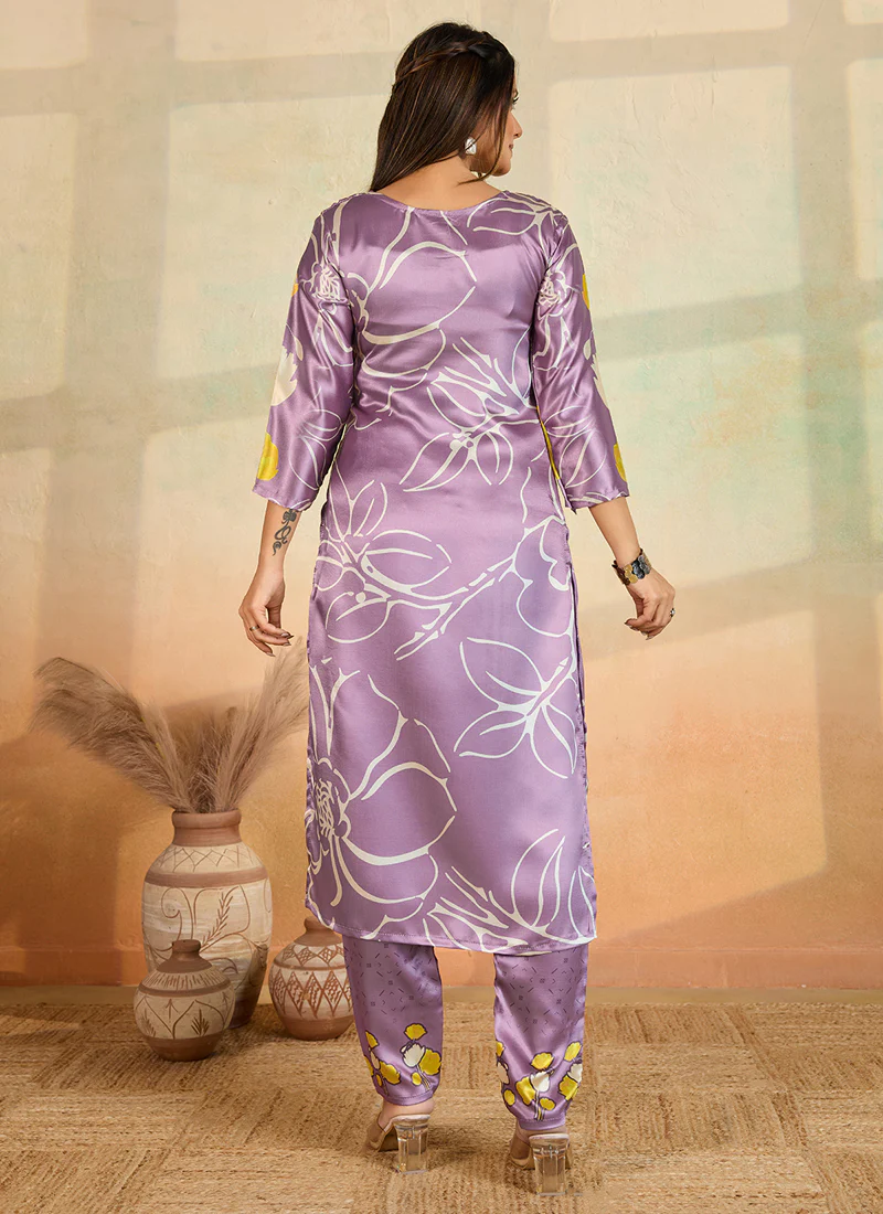 Prazu Fashion Light Lavender Printed Cotton Reyon Kurta Pant Set - Image 5