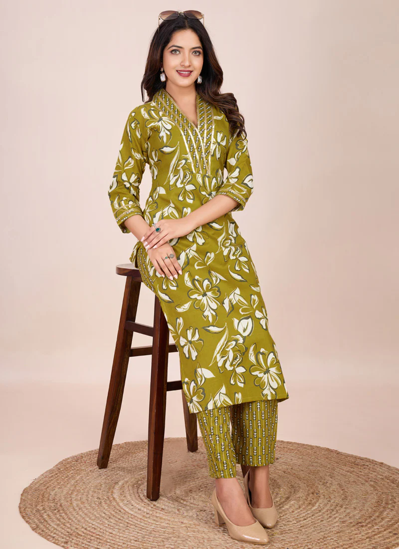 Prazu Fashion Mahendi Printed Cotton Blend Kurta Pant Set - Image 2