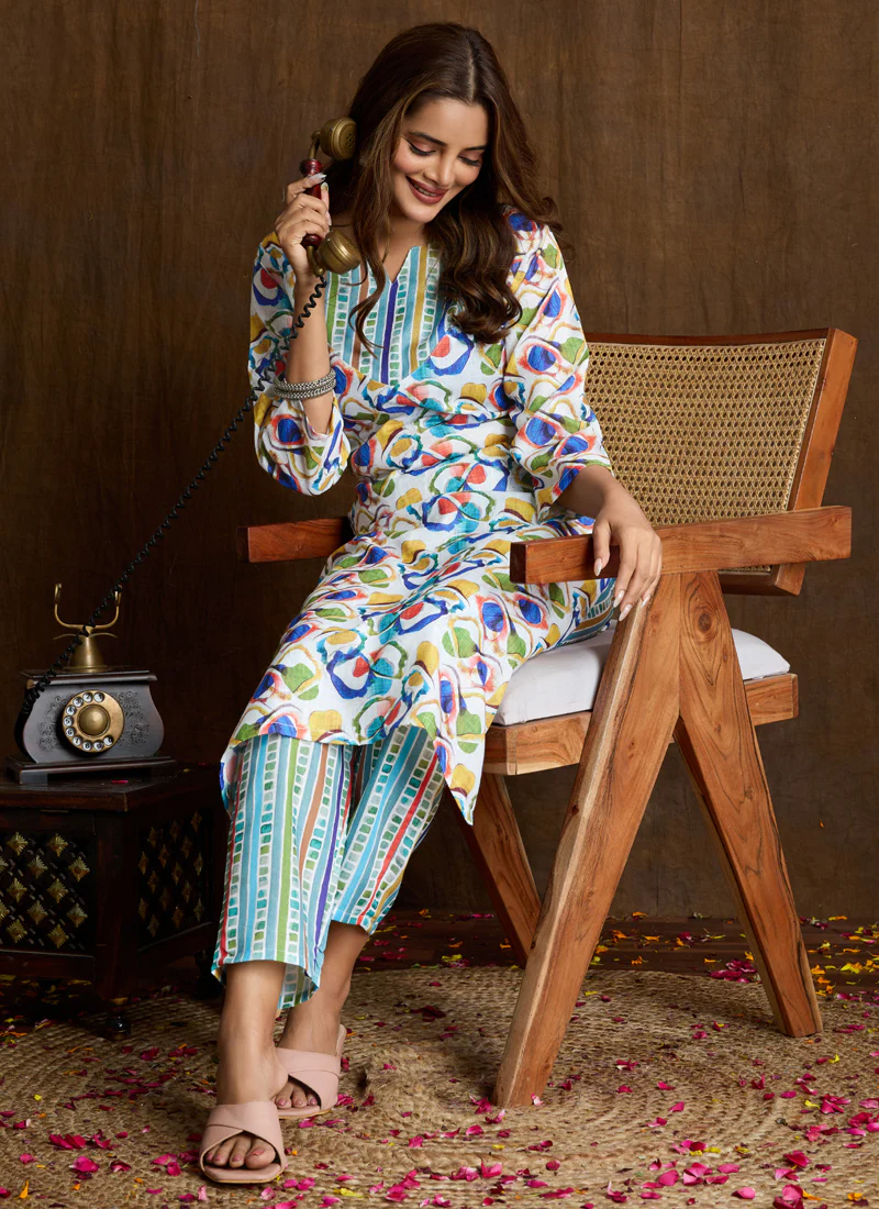 Prazu Fashion Multi Color Printed Cotton Blend Kurta Pant Set - Image 2