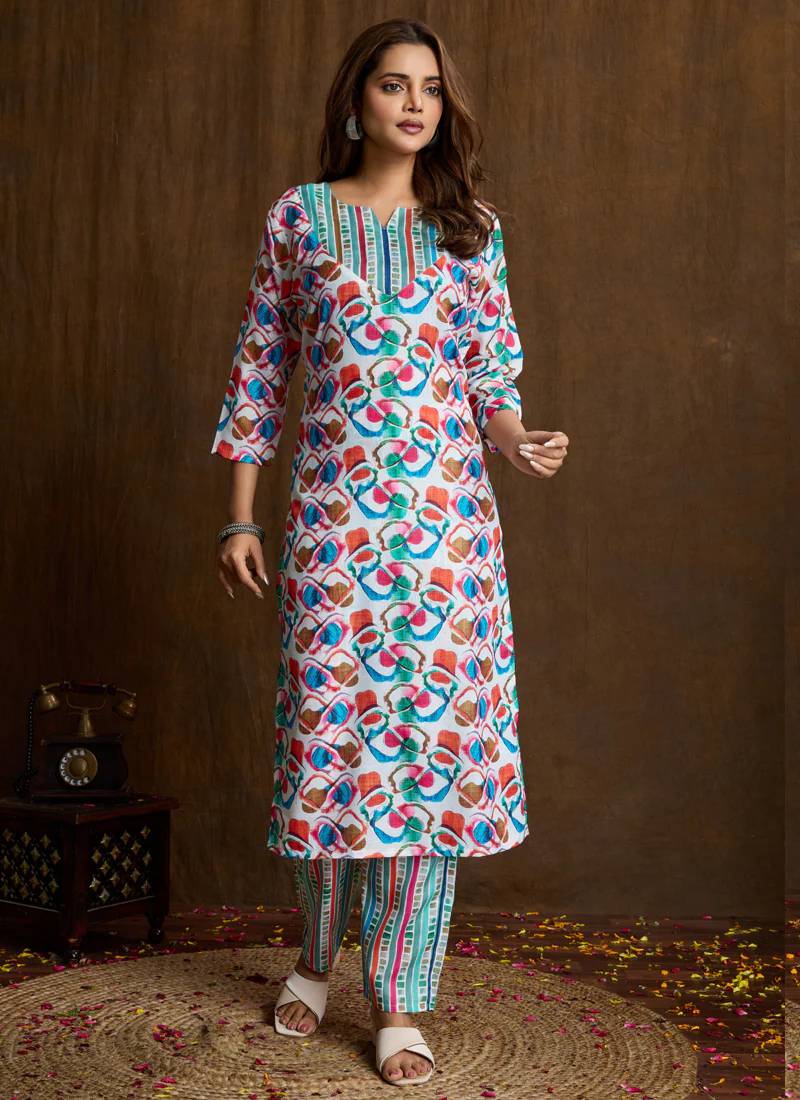 Prazu Fashion Multi Color Printed Cotton Blend Kurta Pant Set