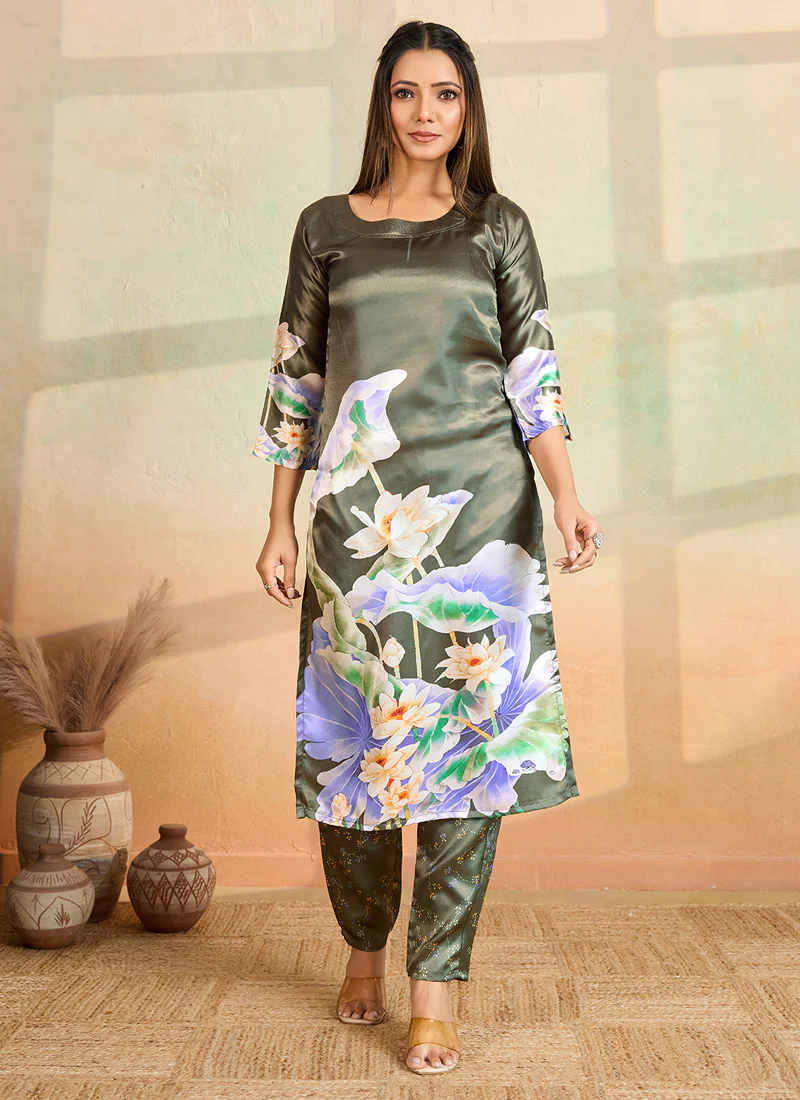 Prazu Fashion Olive Printed Cotton Reyon Kurta Pant Set