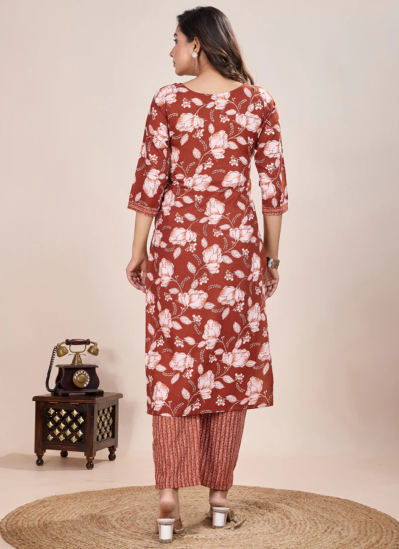 Prazu Fashion Orange Printed Cotton Blend Kurta Pant Set - Image 4
