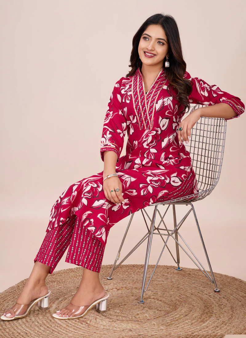 Prazu Fashion Pink Printed Cotton Blend Kurta Pant Set - Image 2