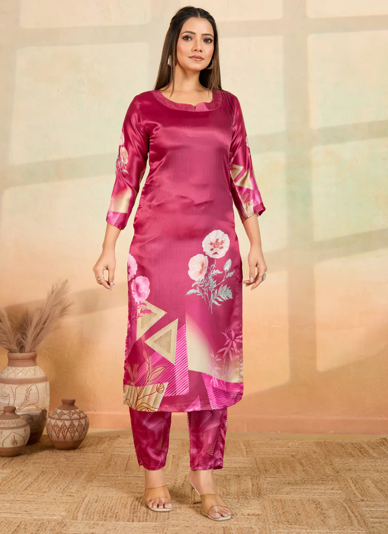 Prazu Fashion Pink Printed Cotton Reyon Kurta Pant Set
