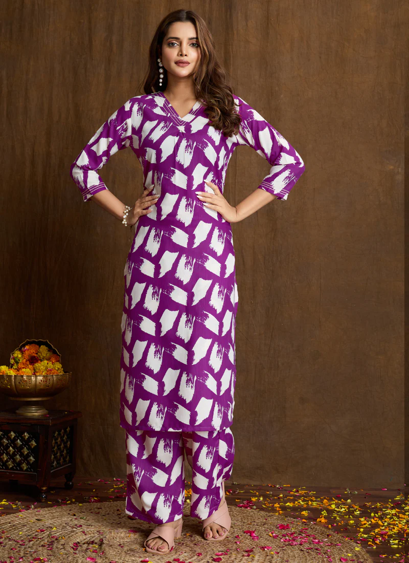 Prazu Fashion Purple Printed Cotton Blend Kurta Pant Set