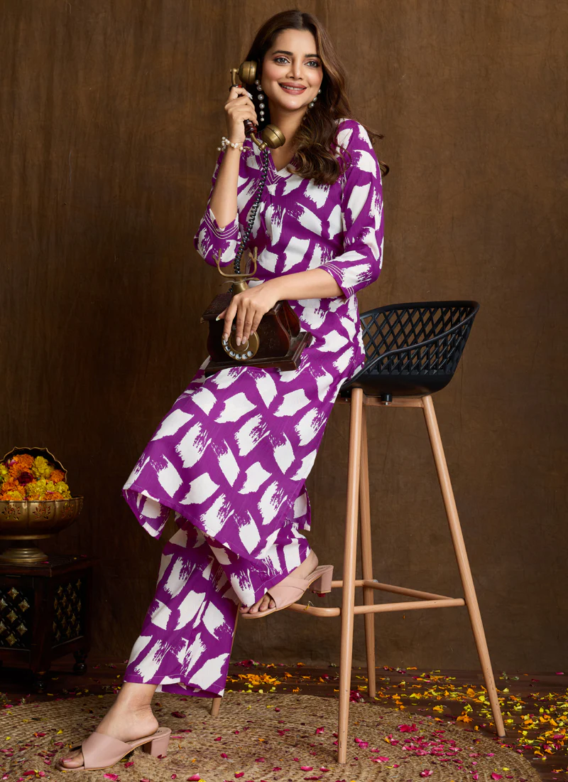 Prazu Fashion Purple Printed Cotton Blend Kurta Pant Set - Image 2