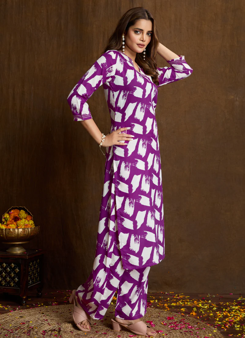 Prazu Fashion Purple Printed Cotton Blend Kurta Pant Set - Image 3