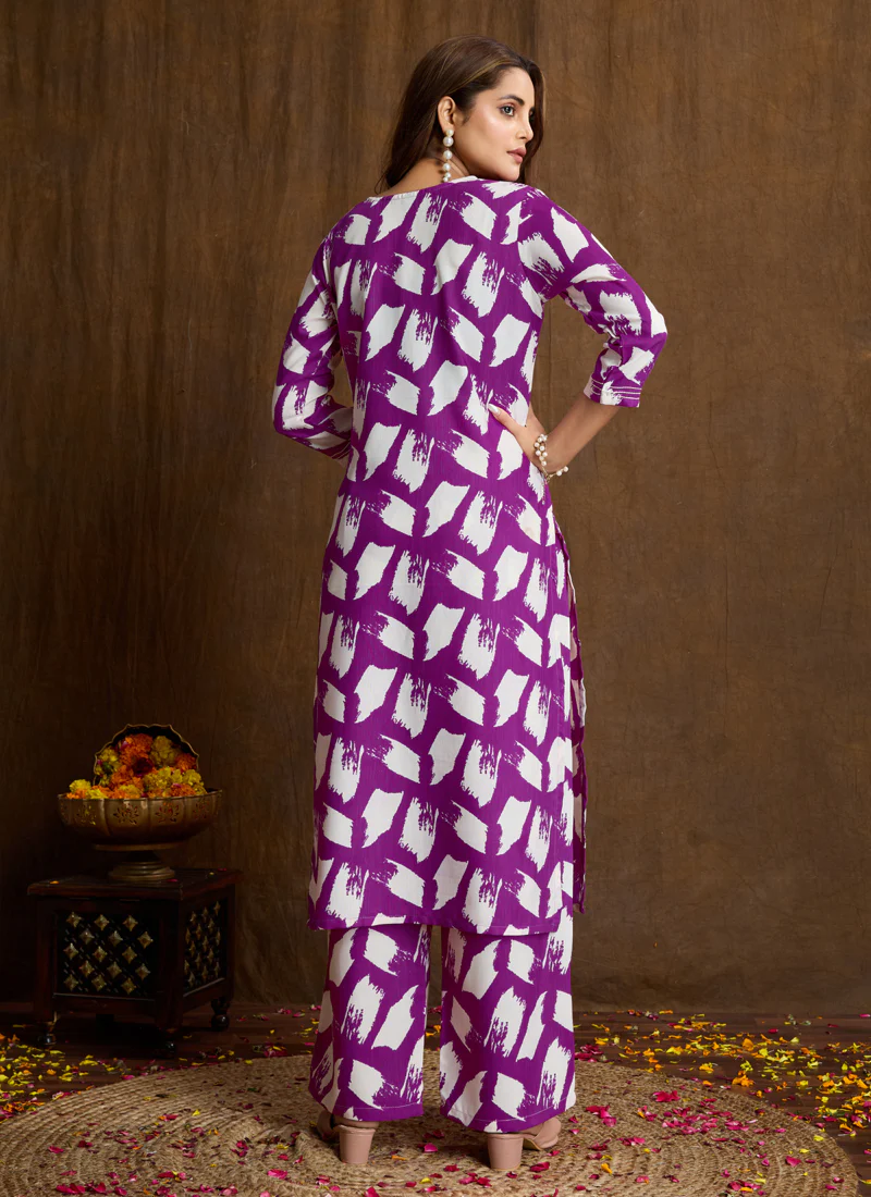 Prazu Fashion Purple Printed Cotton Blend Kurta Pant Set - Image 4