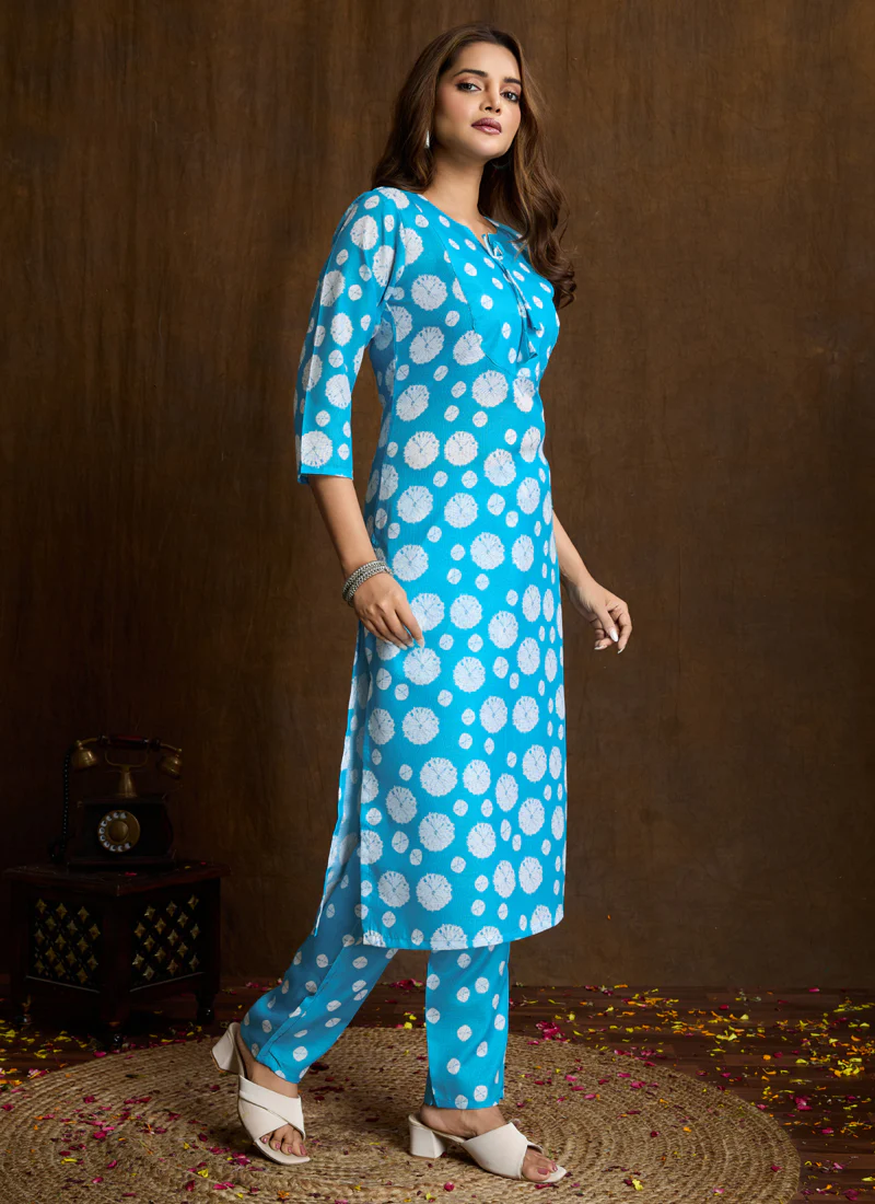Prazu Fashion Sky Blue Printed Cotton Blend Kurta Pant Set - Image 2