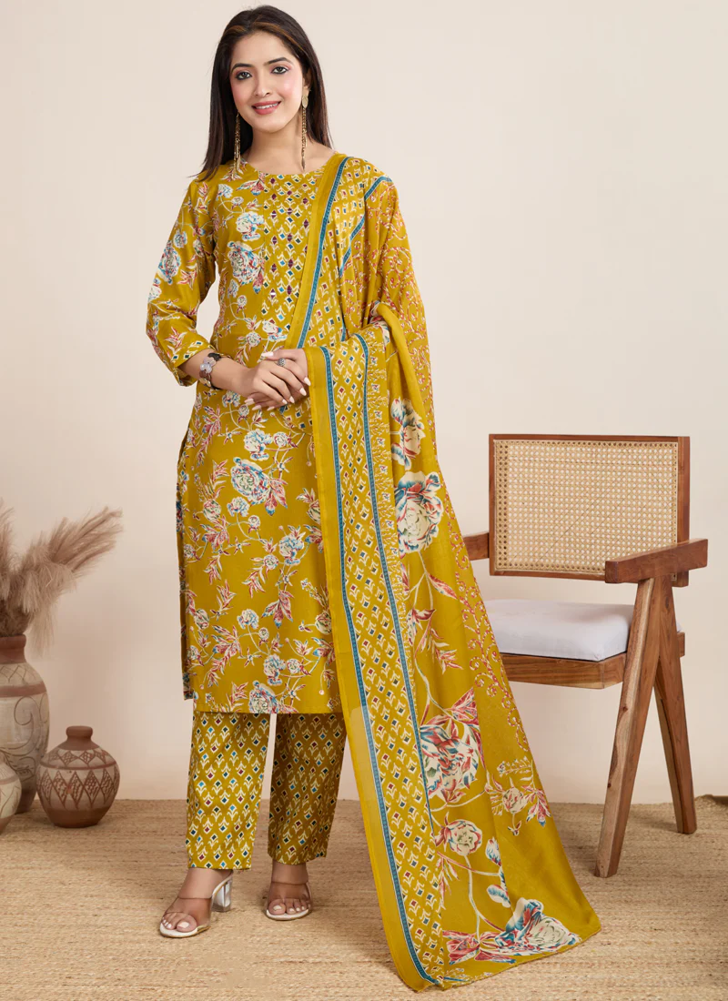 Prazu Fashion Yellow Printed Cotton Blend Festival Wear Salwar Suit