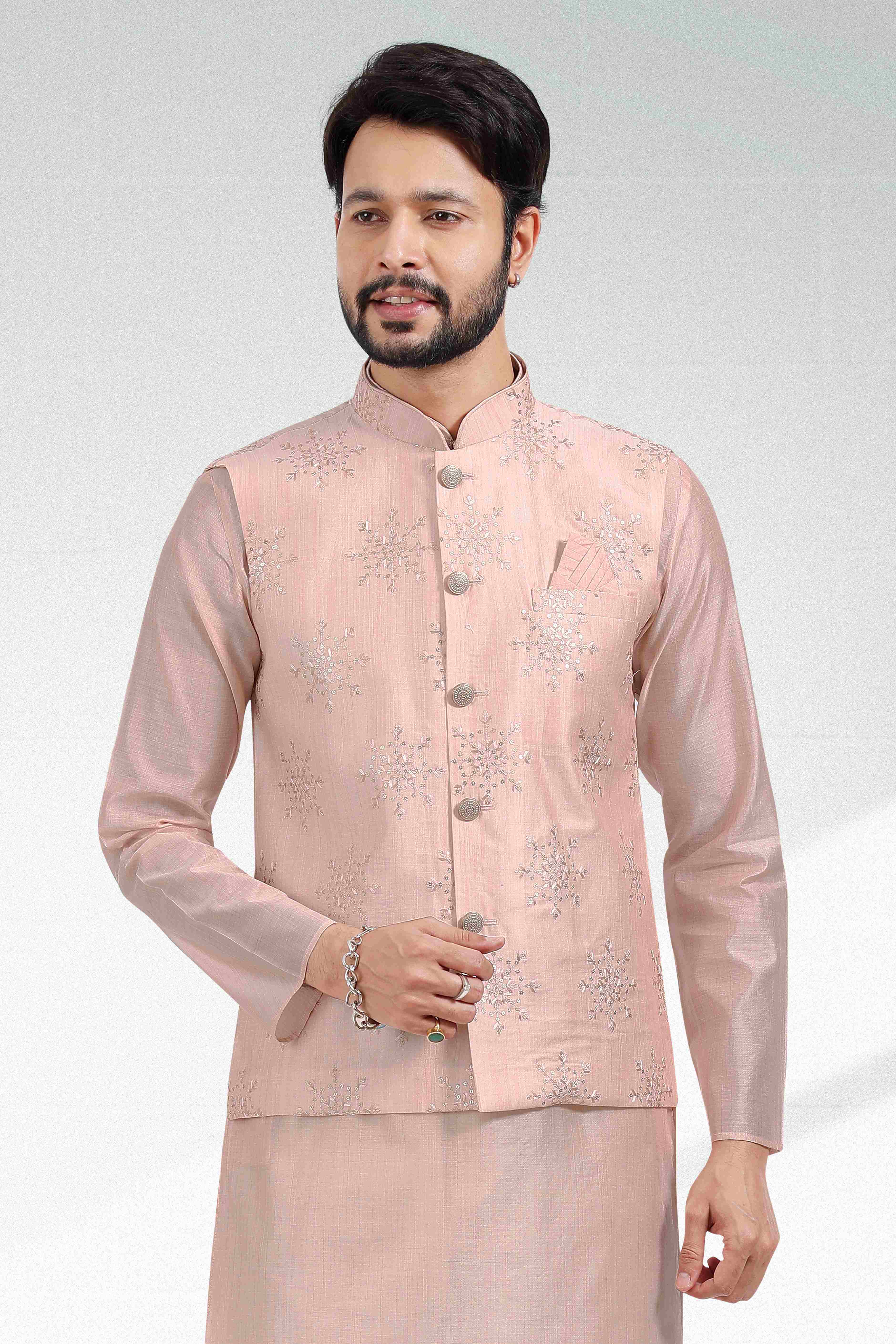 Raivat Ethnic Art Banarasi Silk Thread Work 3 Pics Jacket Set In Light Peach Colour - Image 4