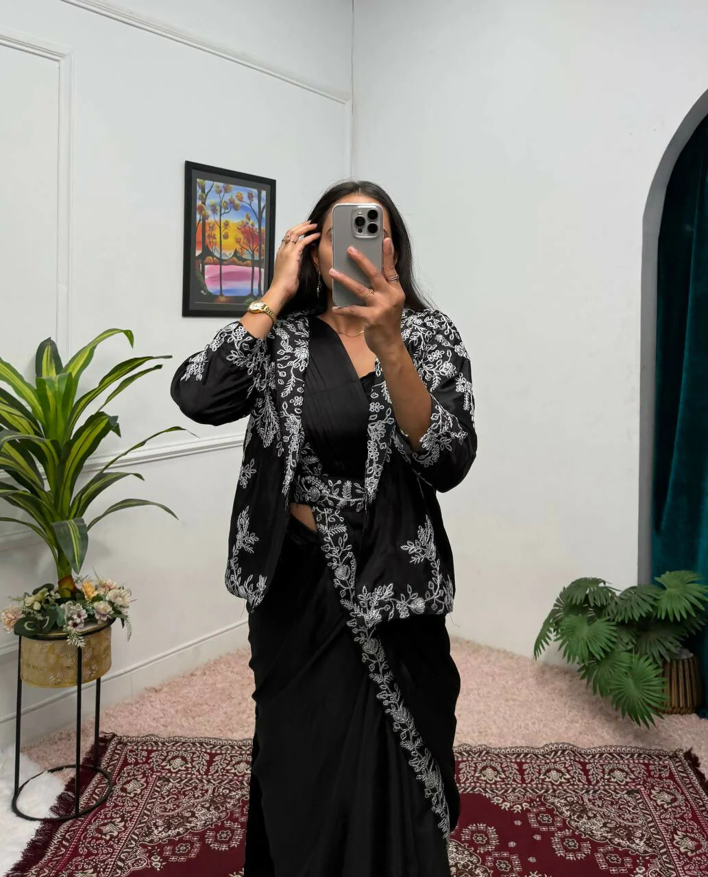 Teeya Creation Black Color Chinon Silk Wedding Wear Ready To Wear Saree With Koti - Image 3