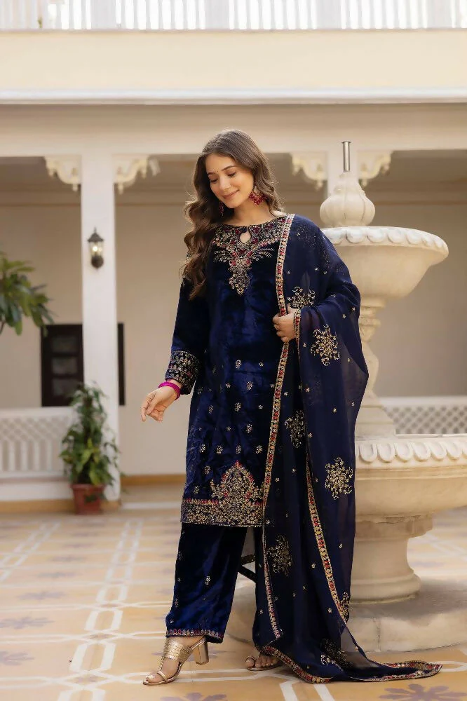 Teeya Creation Blue Color Pure Velvet Embroidery Work Wedding Wear Salwar Suit - Image 5