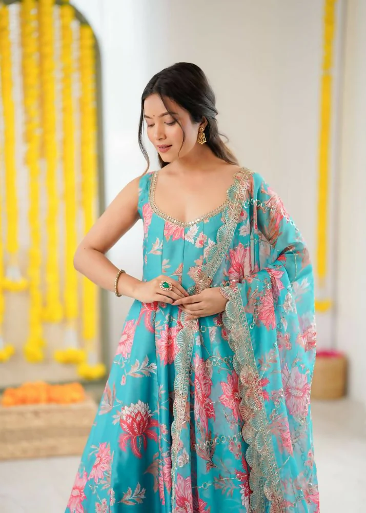 Teeya Creation Blue Pure Muslin Silk Digital Print Traditional Wear Long Gown - Image 3