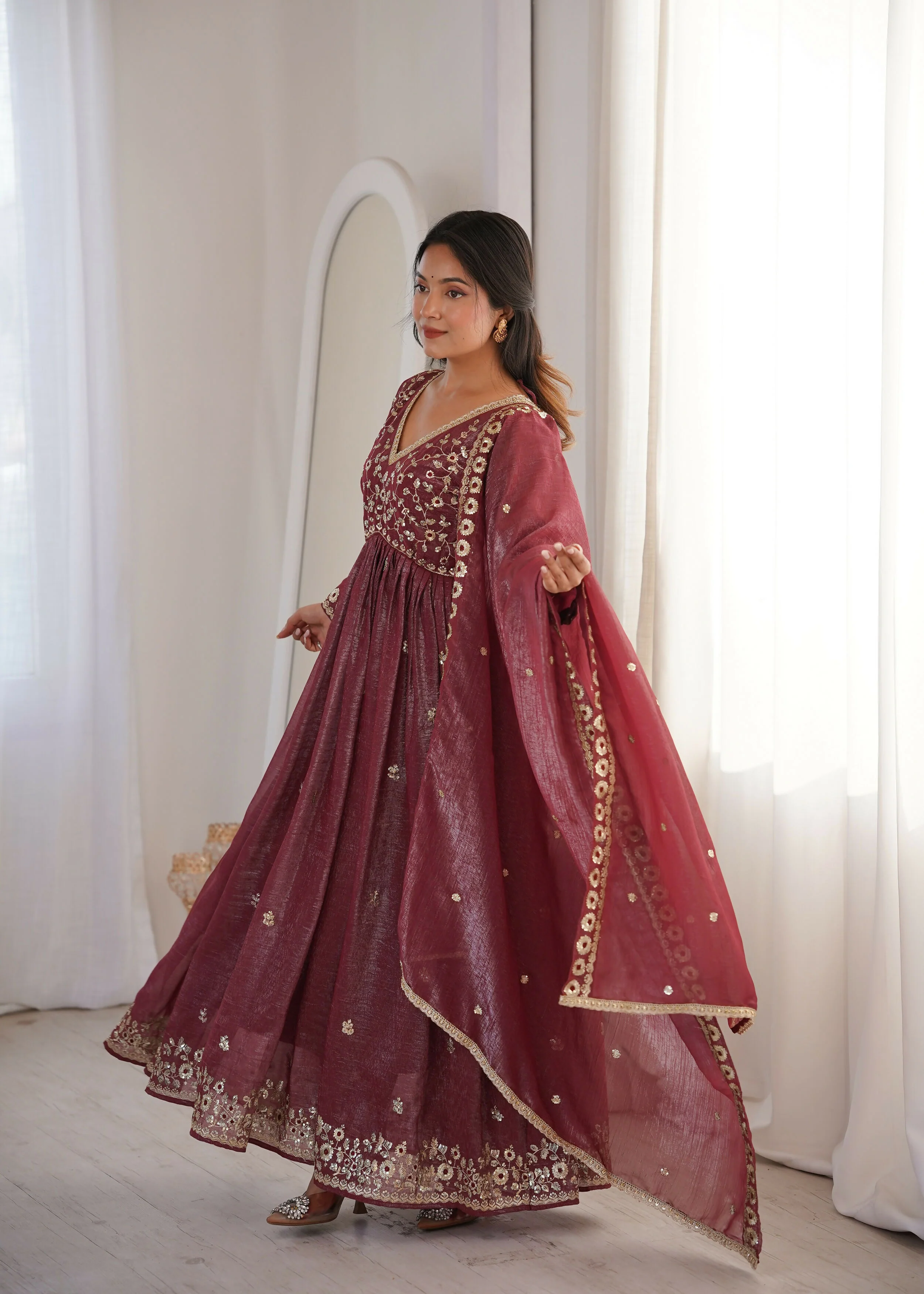 Teeya Creation Brown Crunchy Silk Wedding Wear Embroidery Work Design Gown - Image 5
