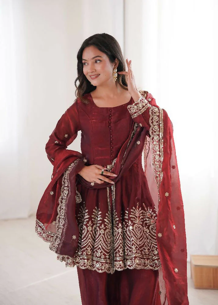 Teeya Creation Maroon Color Fendy Satin Silk Embroidery Work Party Wear Salwar Suit - Image 3