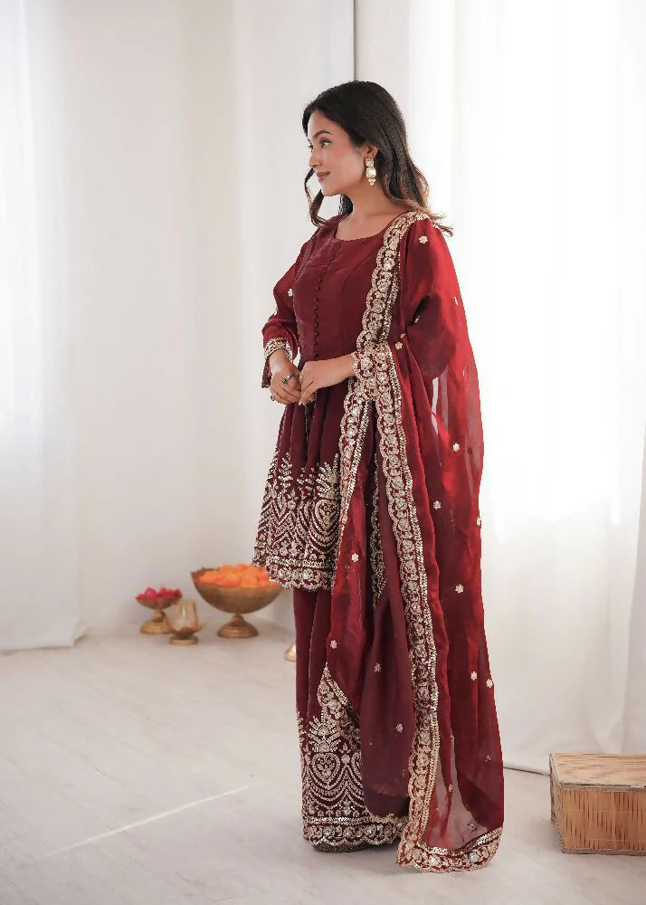 Teeya Creation Maroon Color Fendy Satin Silk Embroidery Work Party Wear Salwar Suit - Image 4