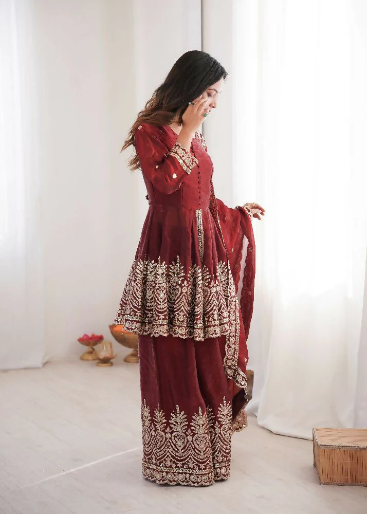 Teeya Creation Maroon Color Fendy Satin Silk Embroidery Work Party Wear Salwar Suit - Image 5
