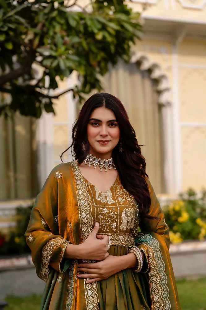 Teeya Creation Mehendi Primium Fendy Satin Silk Embroidery Work Wedding Wear Gown - Image 3