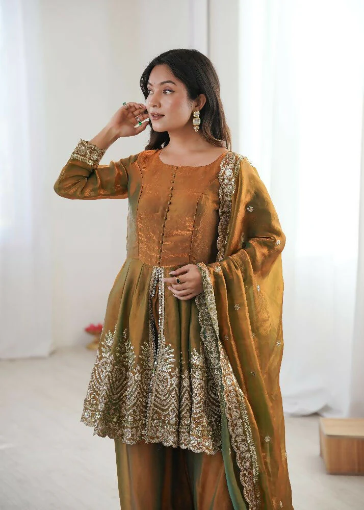 Teeya Creation Olive Color Fendy Satin Silk Embroidery Work Party Wear Salwar Suit - Image 4