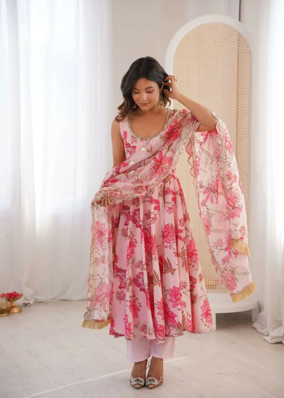 Teeya Creation Pink Pure Muslin Silk Digital Print Traditional Wear Long Gown
