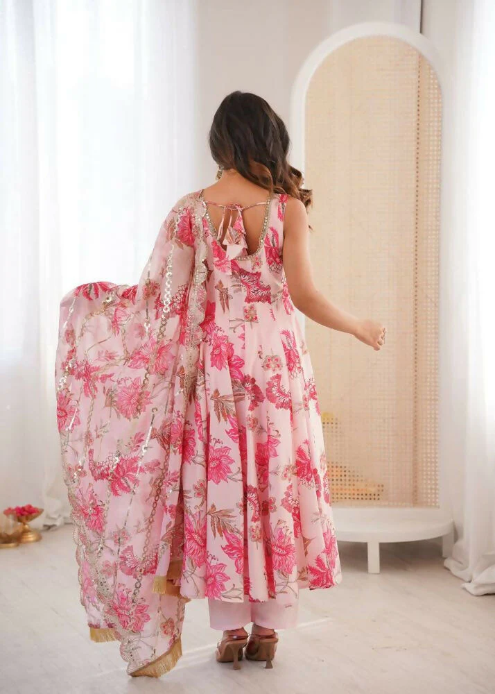 Teeya Creation Pink Pure Muslin Silk Digital Print Traditional Wear Long Gown - Image 4