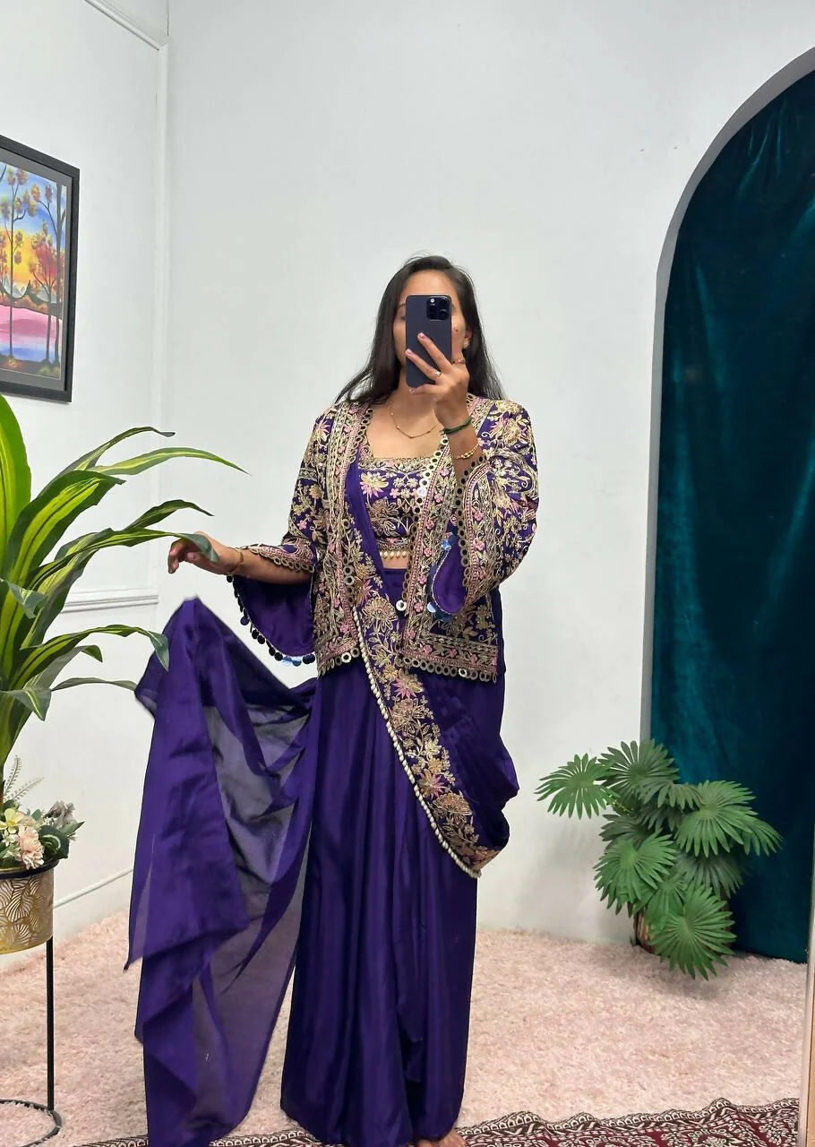 Teeya Creation Purple Color Chinon Silk Embroidery Work Ready To Wear Party Wear Saree With Koti - Image 3