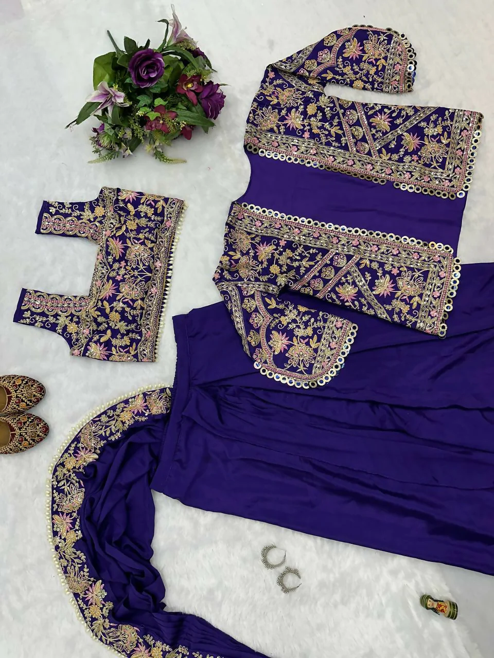 Teeya Creation Purple Color Chinon Silk Embroidery Work Ready To Wear Party Wear Saree With Koti - Image 4