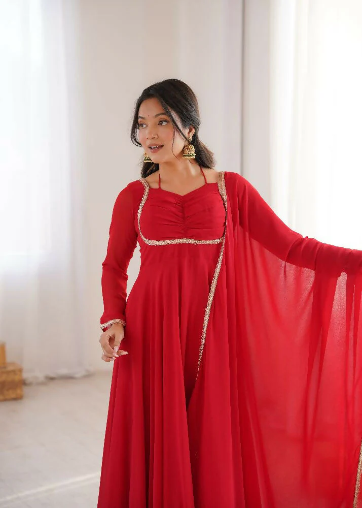 Teeya Creation Red Faux Georgette Designer Party Wear Long Gown - Image 3