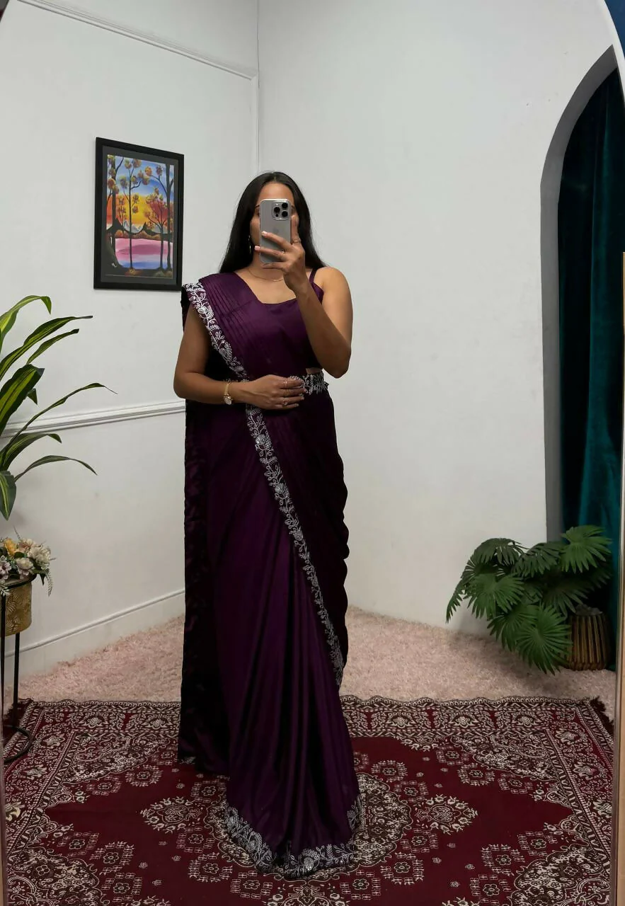 Teeya Creation Wine Color Chinon Silk Wedding Wear Ready To Wear Saree With Koti - Image 2