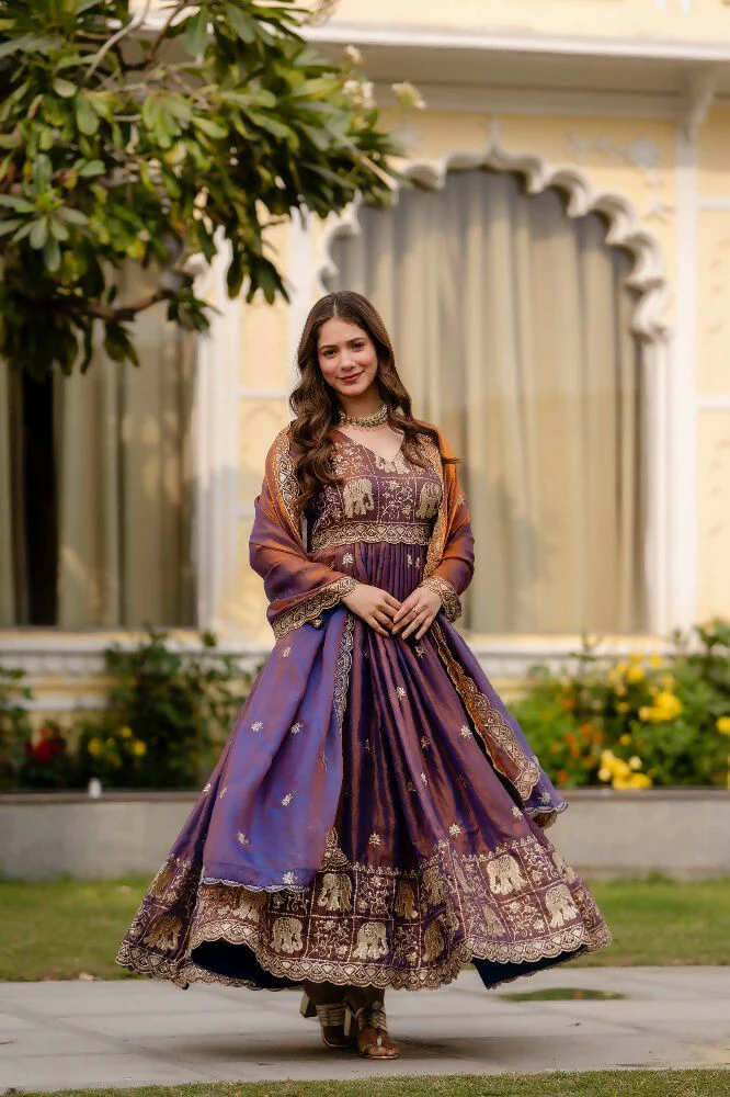 Teeya Creation Wine Primium Fendy Satin Silk Embroidery Work Wedding Wear Gown - Image 3