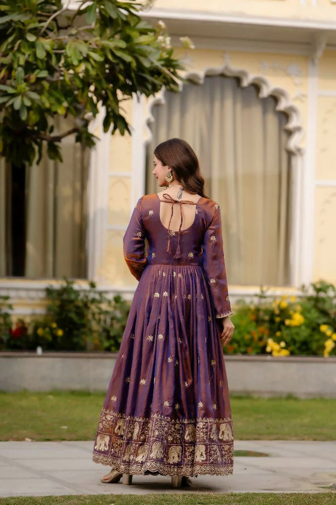 Teeya Creation Wine Primium Fendy Satin Silk Embroidery Work Wedding Wear Gown - Image 4