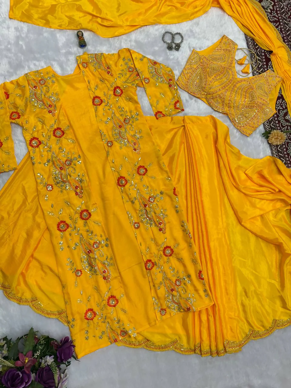 Teeya Creation Yellow Color Chinon Silk Designer Embroidery Work Ready To Wear Saree With Koti - Image 3