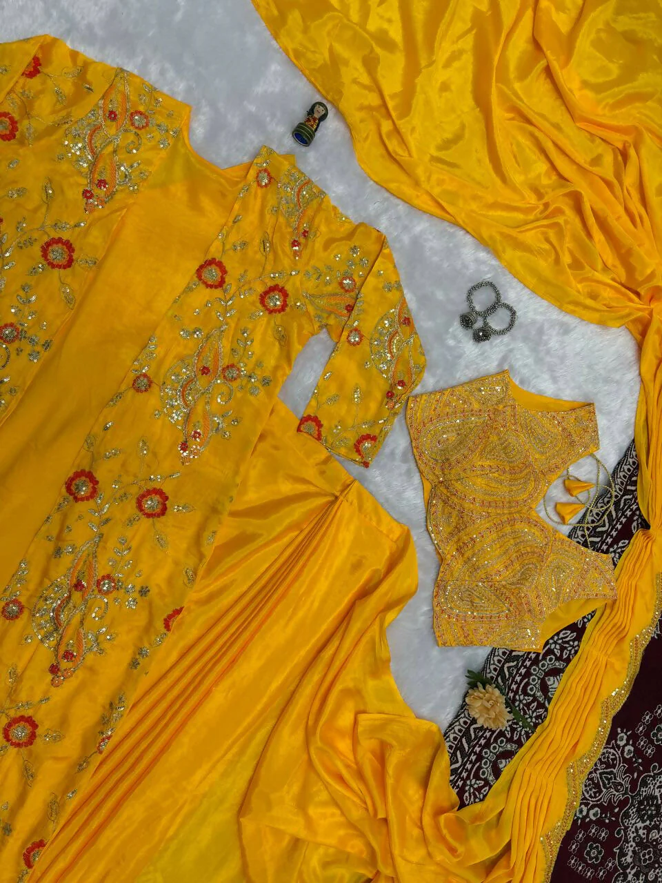 Teeya Creation Yellow Color Chinon Silk Designer Embroidery Work Ready To Wear Saree With Koti - Image 4