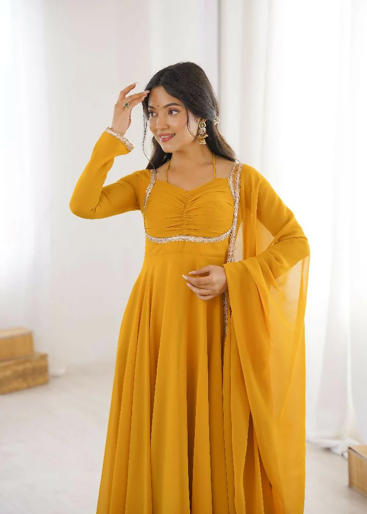 Teeya Creation Yellow Faux Georgette Designer Party Wear Long Gown - Image 3